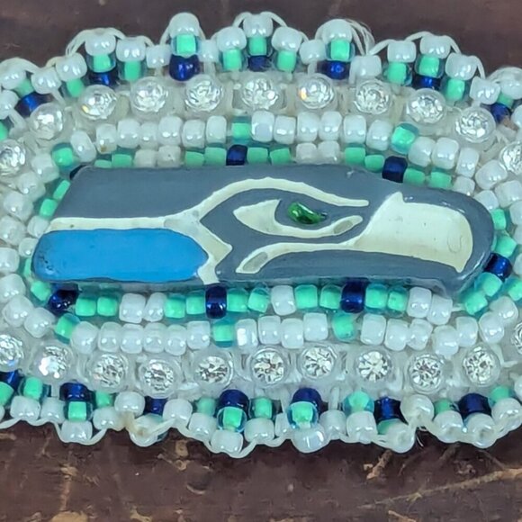 Beaded Pin Seattle Seahawks Seed Bead Handmade Native Tribal Brooch Football - Picture 5 of 5